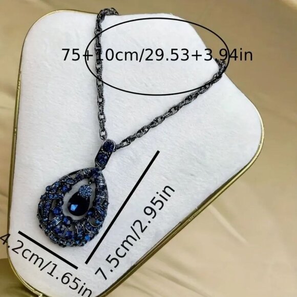 Blue Crystal Teardrop Pendant Long Necklace With Chain - Picture 2 of 3